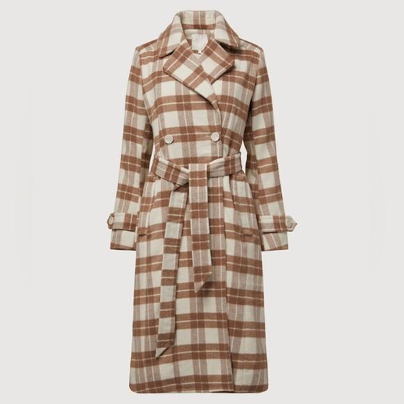 Rachel Parcell Coat Women's Medium Brown/White Plaid Belted Tailored Overcoat - Picture 2 of 9